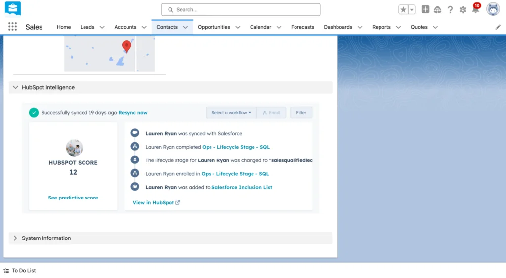 HubSpot Salesforce integration Visualforce page showing contact timeline and activities