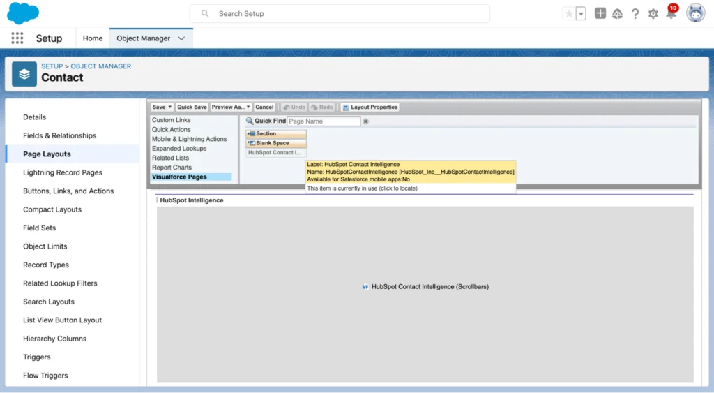 Salesforce page layout editor showing HubSpot Visualforce page configuration