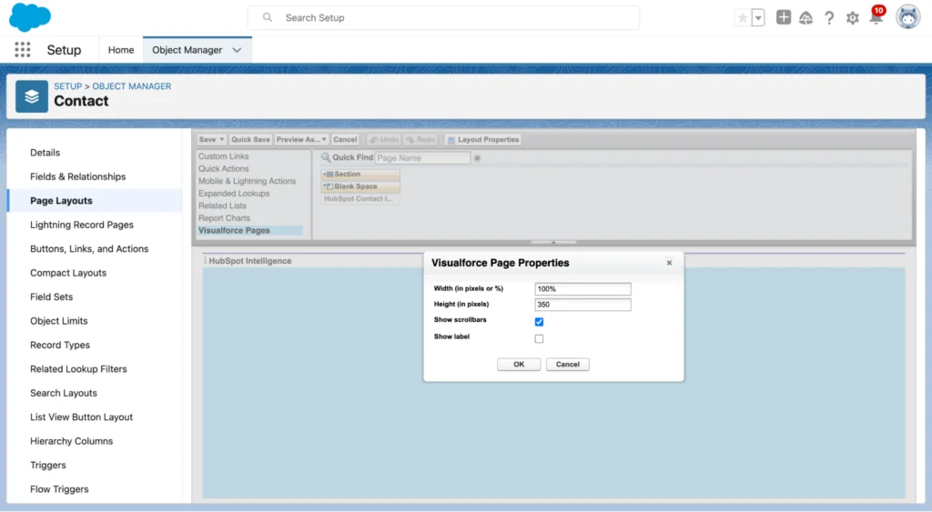 HubSpot Intelligence Visualforce page properties configuration in Salesforce
