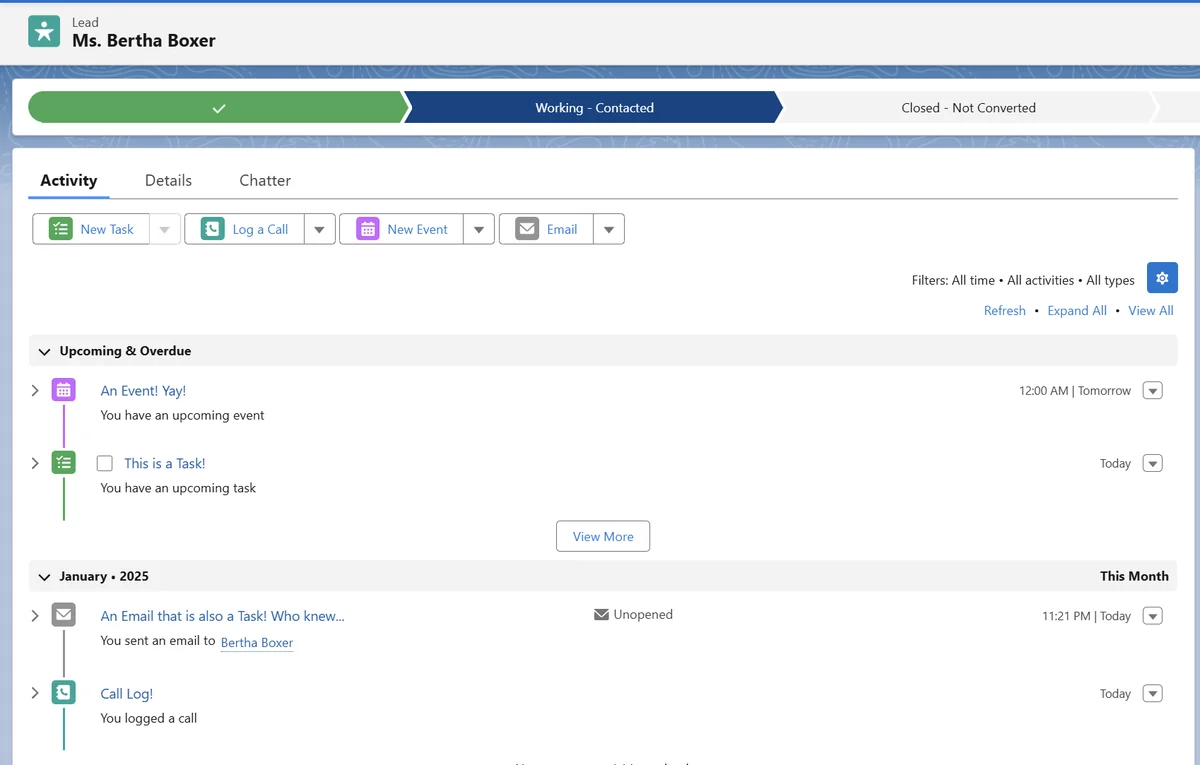 Internal activity feed Salesforce showing tasks events calls and emails in the activity timeline