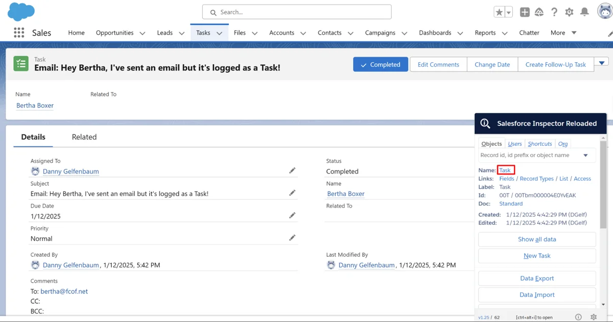 EmailMessage details linked to a Task in the internal Salesforce activity feed