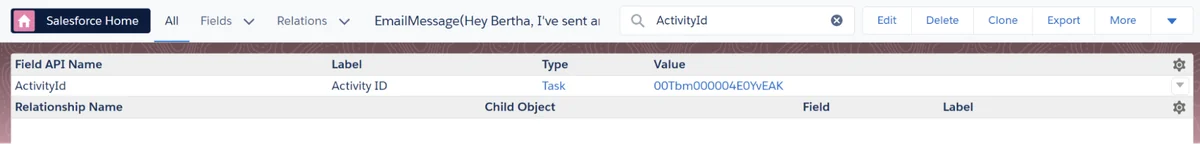 Email activity relationship between EmailMessage ActivityId and Salesforce Task