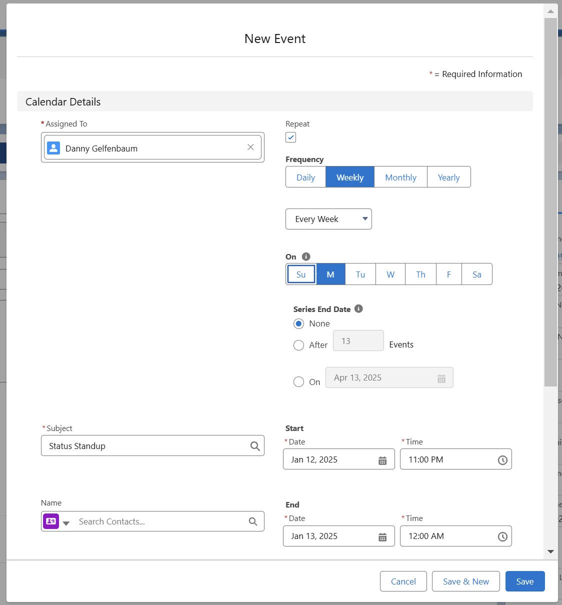Salesforce Event configuration and recurrence details for activity timeline records