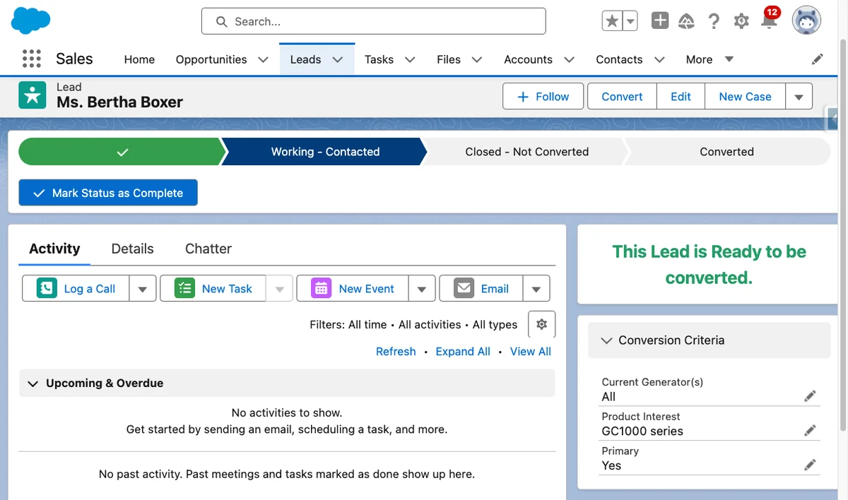 Lightning record page showing incomplete lead conversion criteria