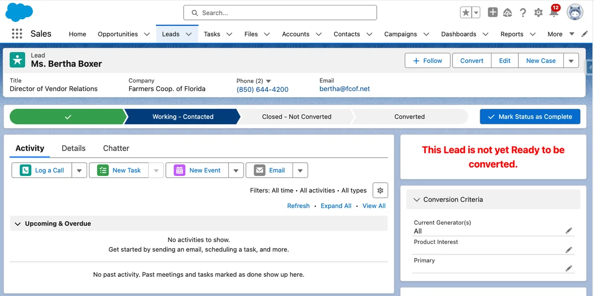 Lightning record page confirming Salesforce Lead conversion readiness