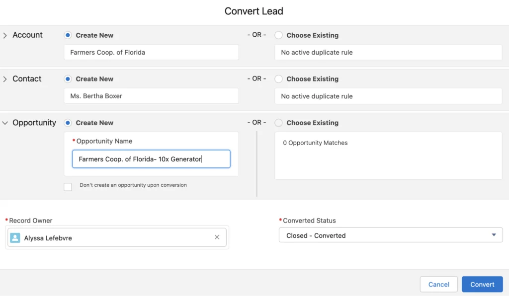 Salesforce Lead conversion to Account Contact and Opportunity in a lead to cash process