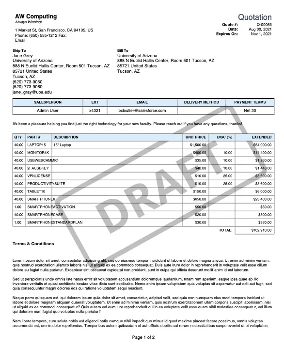 Quote to cash process flow showing Salesforce CPQ quote lines pricing and order handoff
