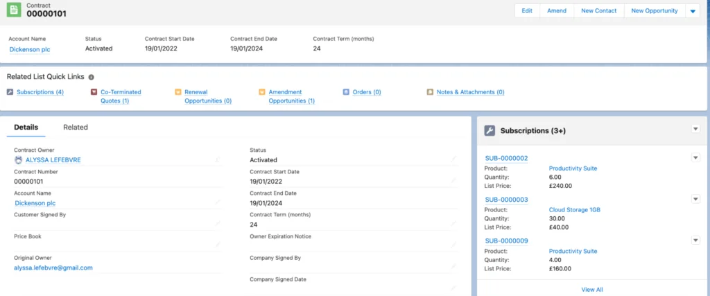 Contract and subscription records in the Salesforce lead to cash lifecycle