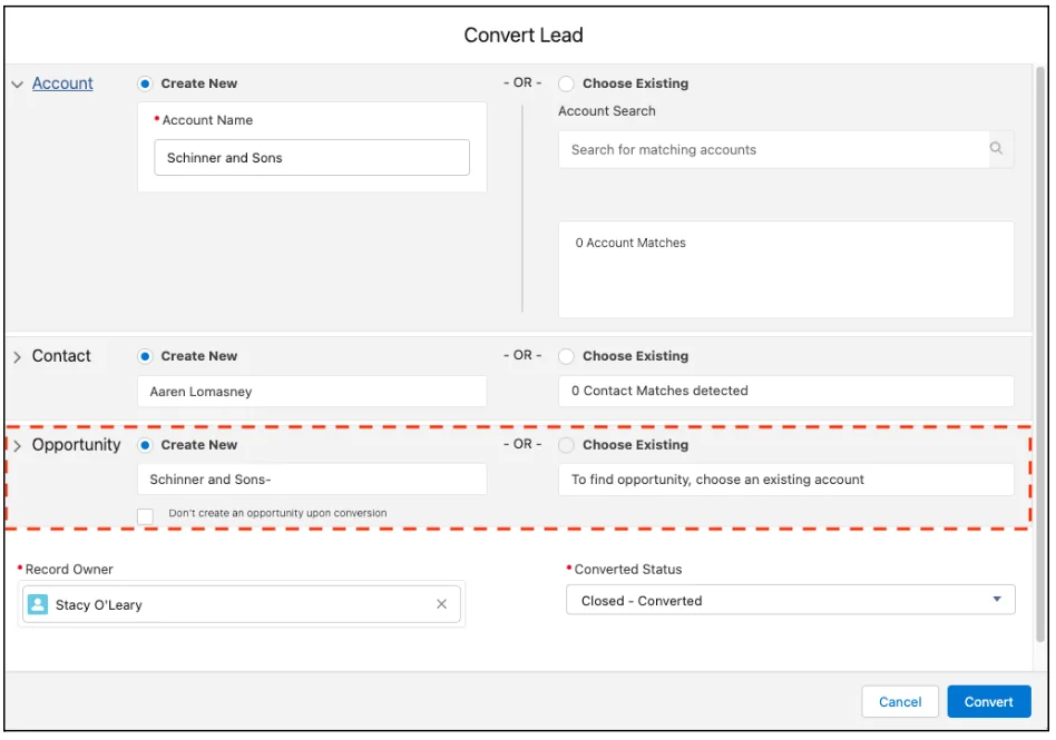 Salesforce lead conversion page for choosing new or existing opportunity