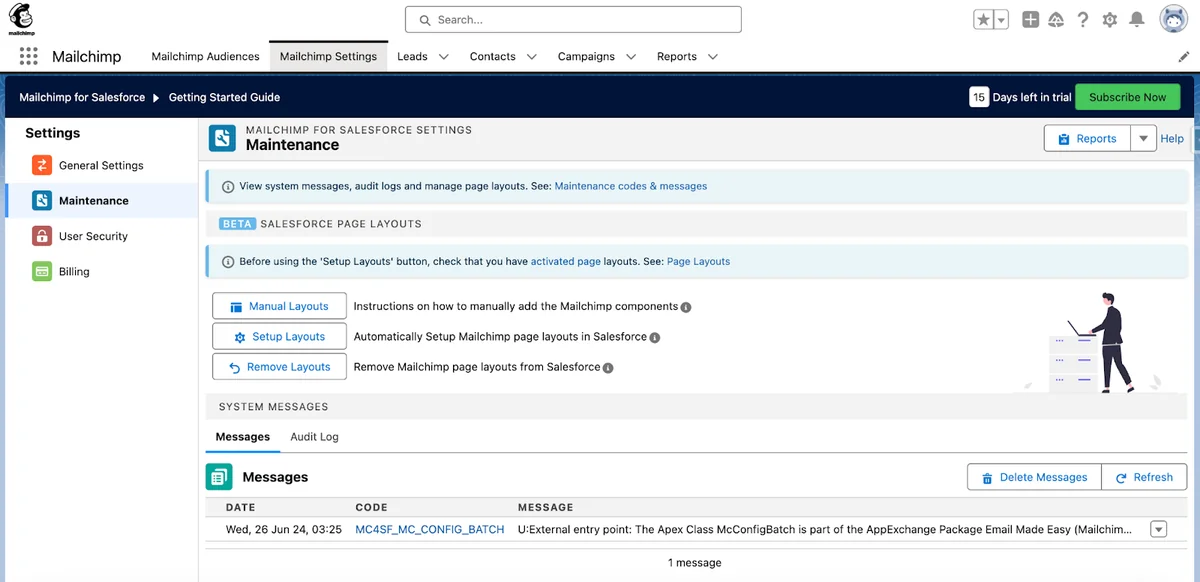 Salesforce and Mailchimp integration maintenance audit log and sync monitoring