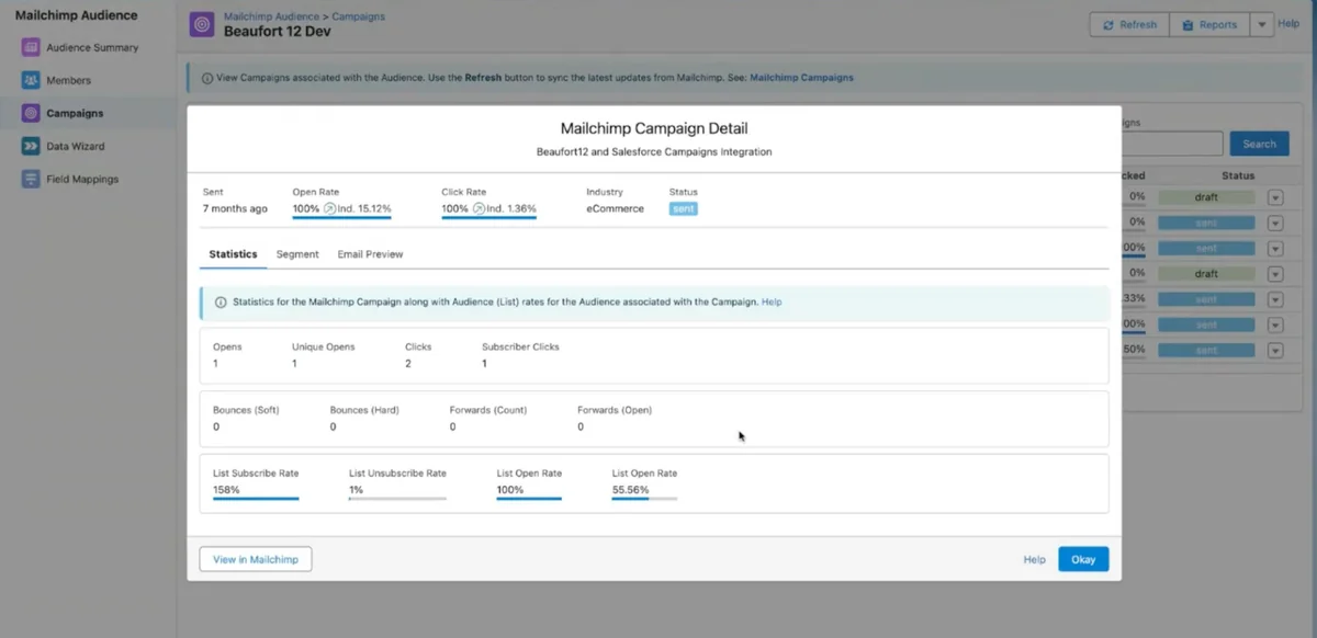 Mailchimp campaign performance metrics synced to Salesforce records