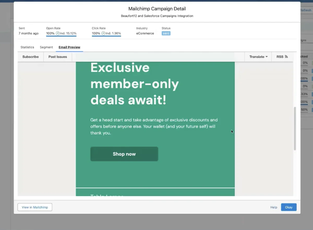 Email preview and engagement activity from Mailchimp displayed in Salesforce