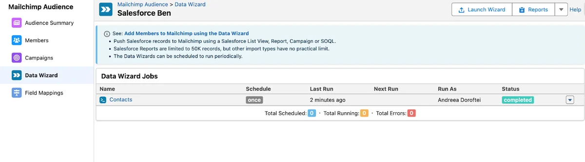 Mailchimp Salesforce integration sync jobs and data wizard schedule list