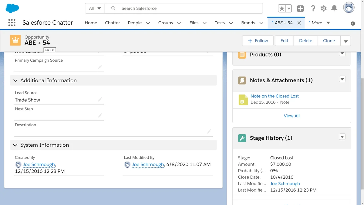 Salesforce record metadata example showing object and field configuration