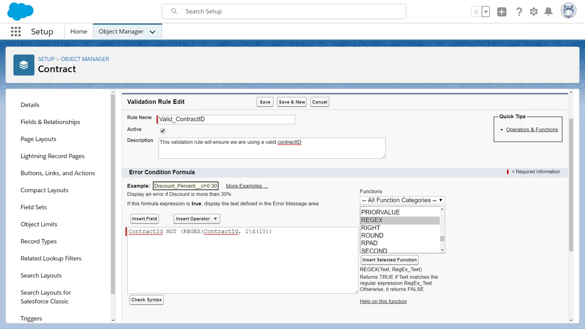 validation rule metadata setup for custom fields