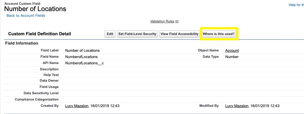 custom field metadata where is this used custom field reference check