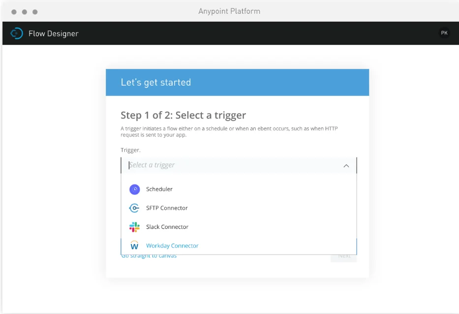 MuleSoft Flow Designer interface showing visual integration development environment