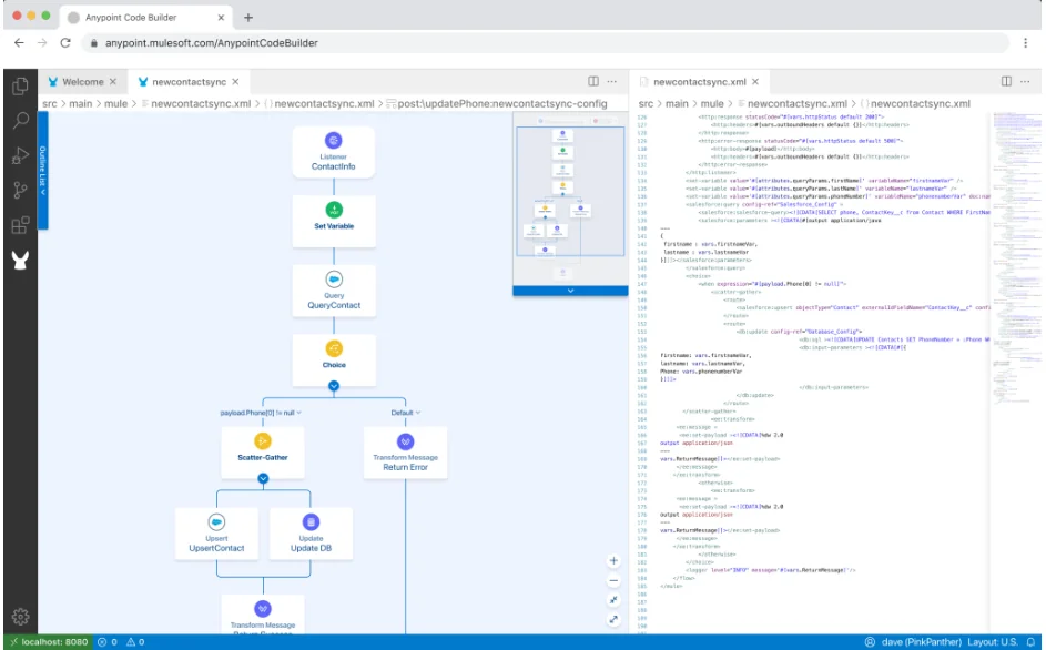 Anypoint Code Builder development environment showing modern IDE interface for MuleSoft integration development