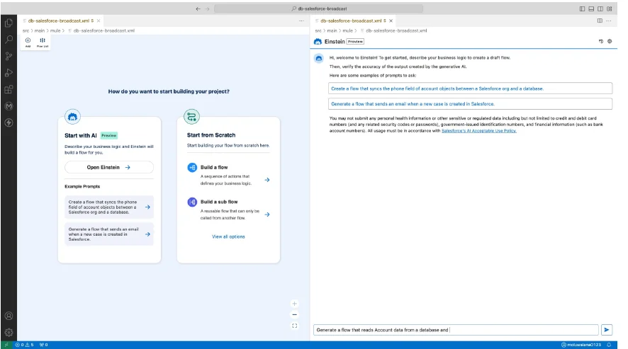 Einstein AI integration in Anypoint Code Builder showing natural language prompt interface for generating MuleSoft integration flows