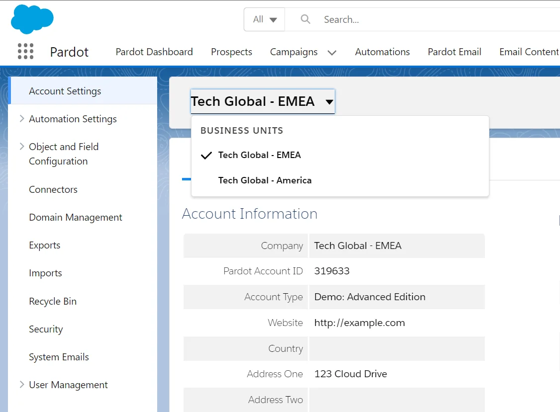 Account Engagement business units for enterprise Pardot cost planning