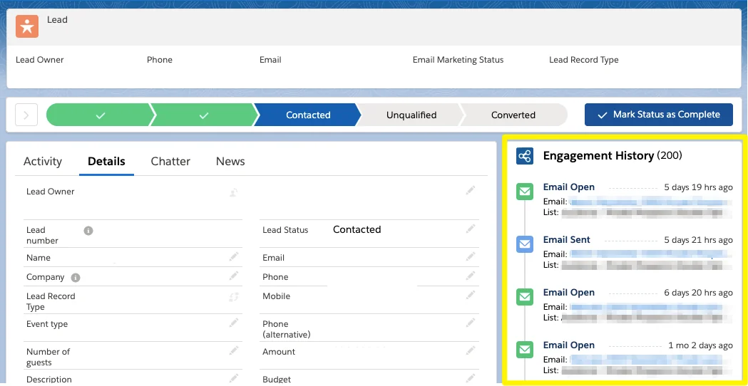 Salesforce Engagement History component showing Account Engagement activities