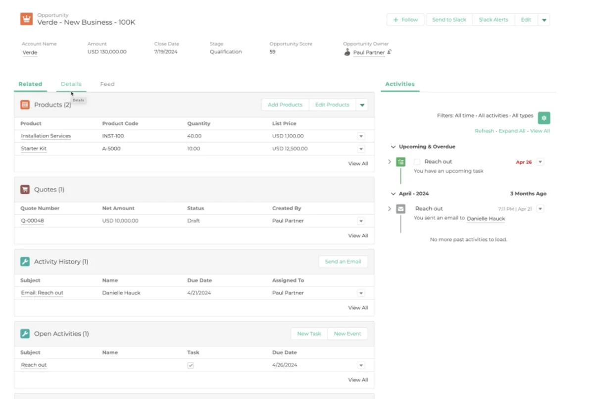 Partner relationship management record page with related partner actions