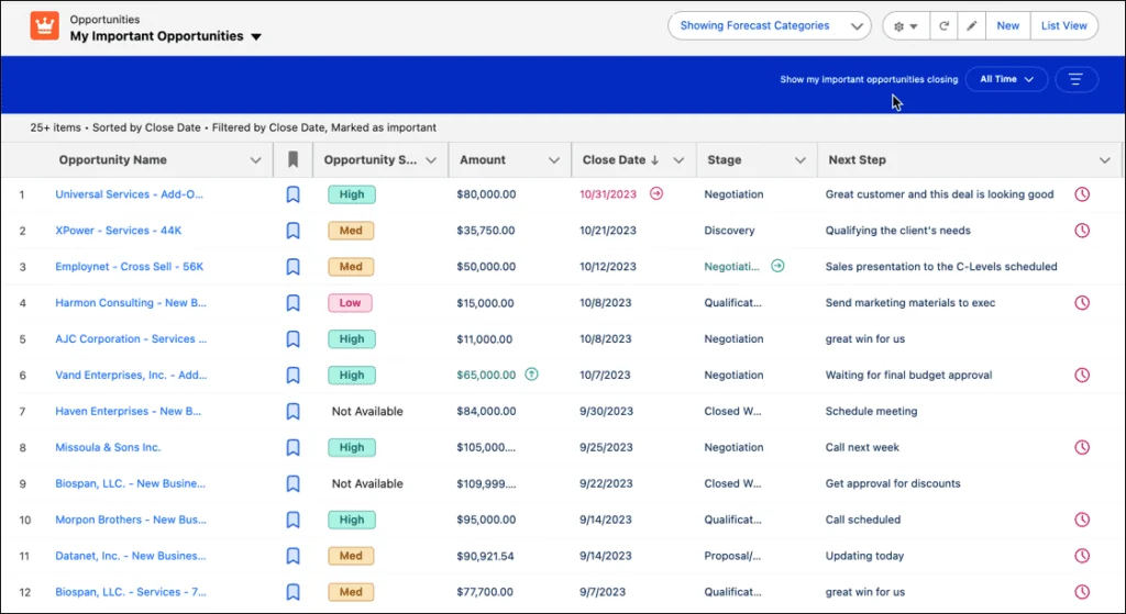 saved view of important opportunities in the sfdc pipeline workspace