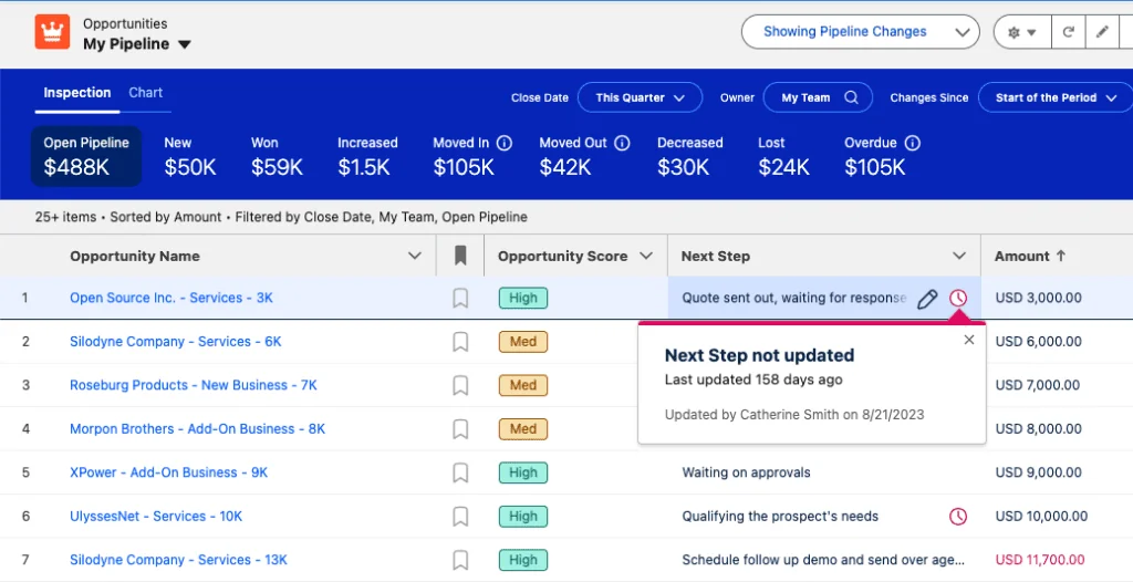 stale next step indicator for what is pipeline reporting review in Salesforce