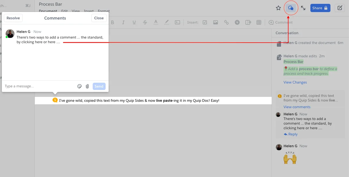 Quip characteristics including document chat comments and team collaboration