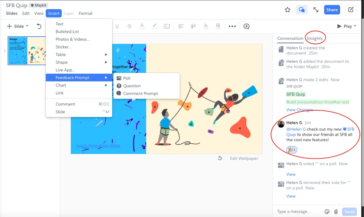 Quip presentation workspace for collaborative reviews and business feedback