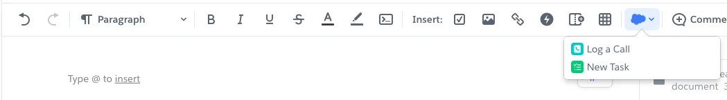 SFDC Quip menu showing a Salesforce activity action inside a document