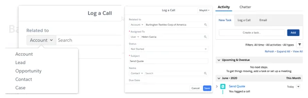 SFDC Quip activity form with related record subject notes and contact fields