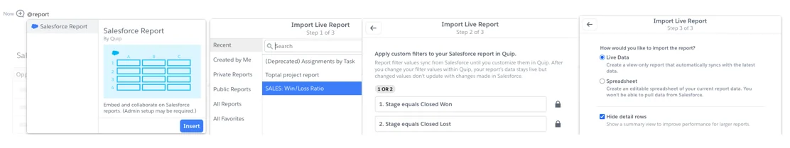 Quip business activities using Salesforce report data inside a shared document