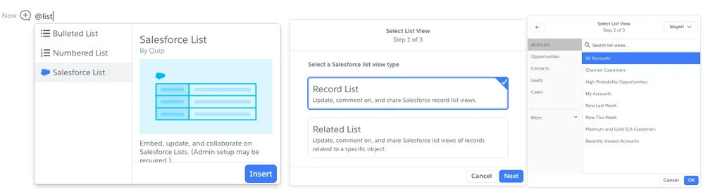 Quip list view selection for Salesforce records and business activities