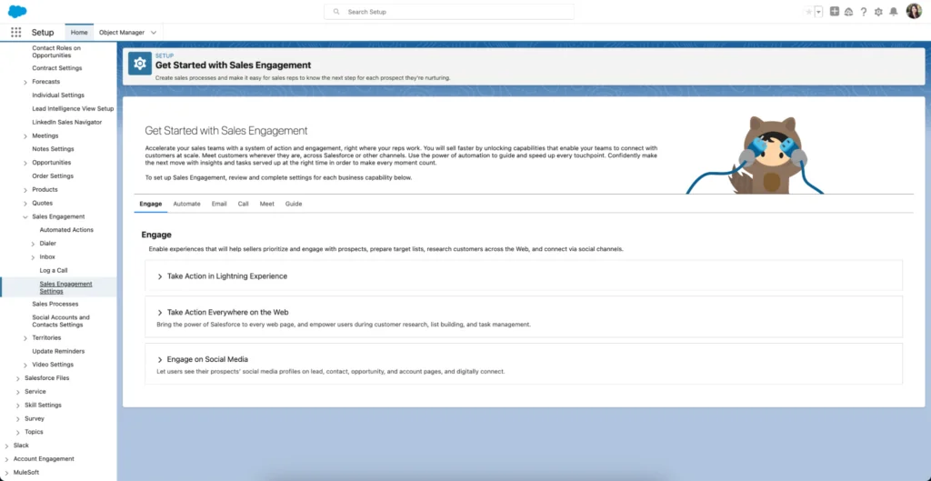 Salesforce sales engagement setup configuration screen