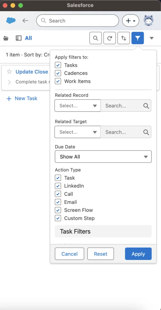 Sales Cloud Everywhere to-do list in Chrome extension