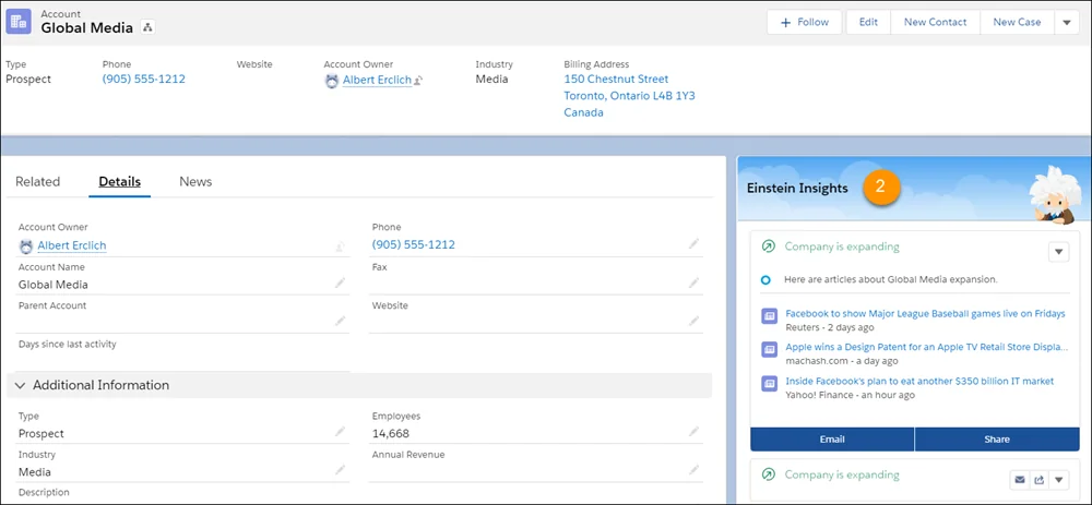 Salesforce artificial intelligence account insights showing company news signals