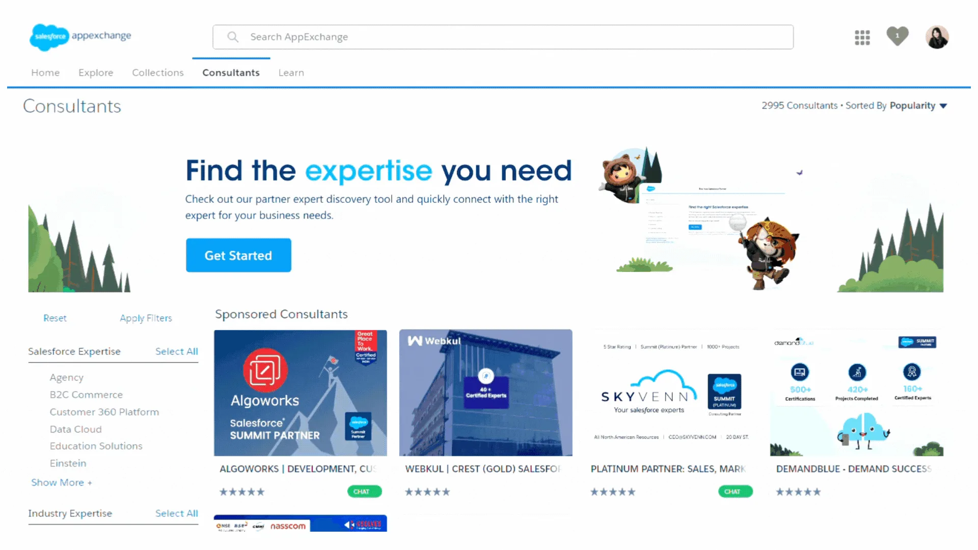Salesforce AppExchange marketplace interface showing app categories and search functionality