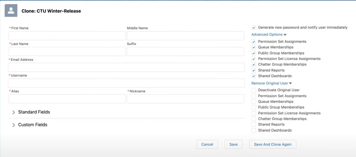 Clone This User app interface showing user template selection and permission copying