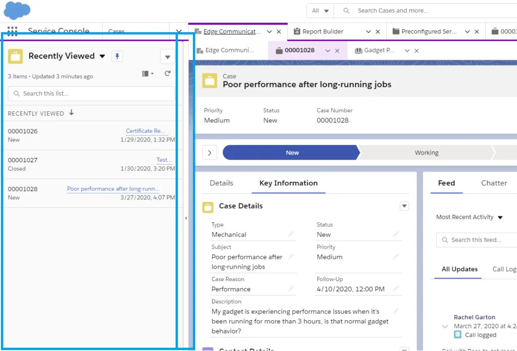 Lightning Service Console layout for managing support case Salesforce records