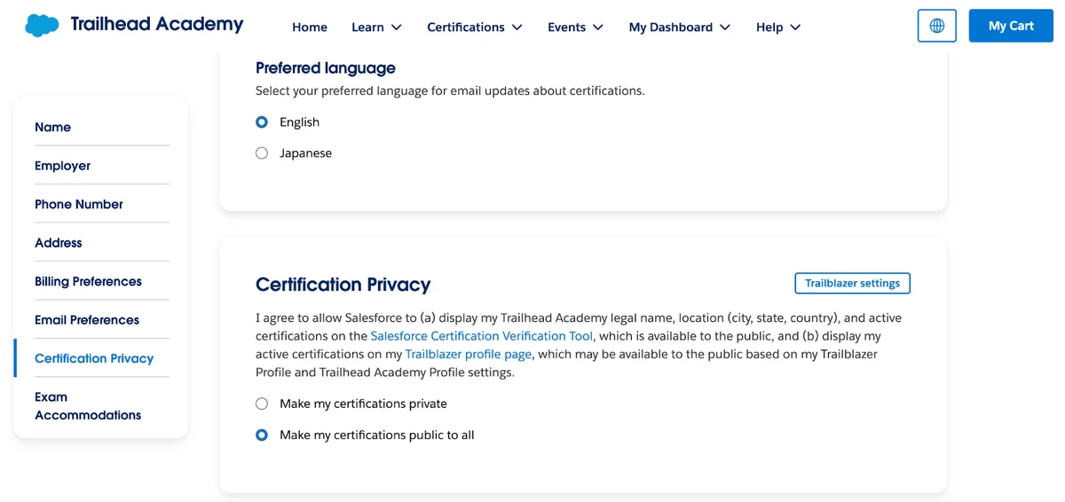 Salesforce certification verification privacy settings in Trailhead Academy