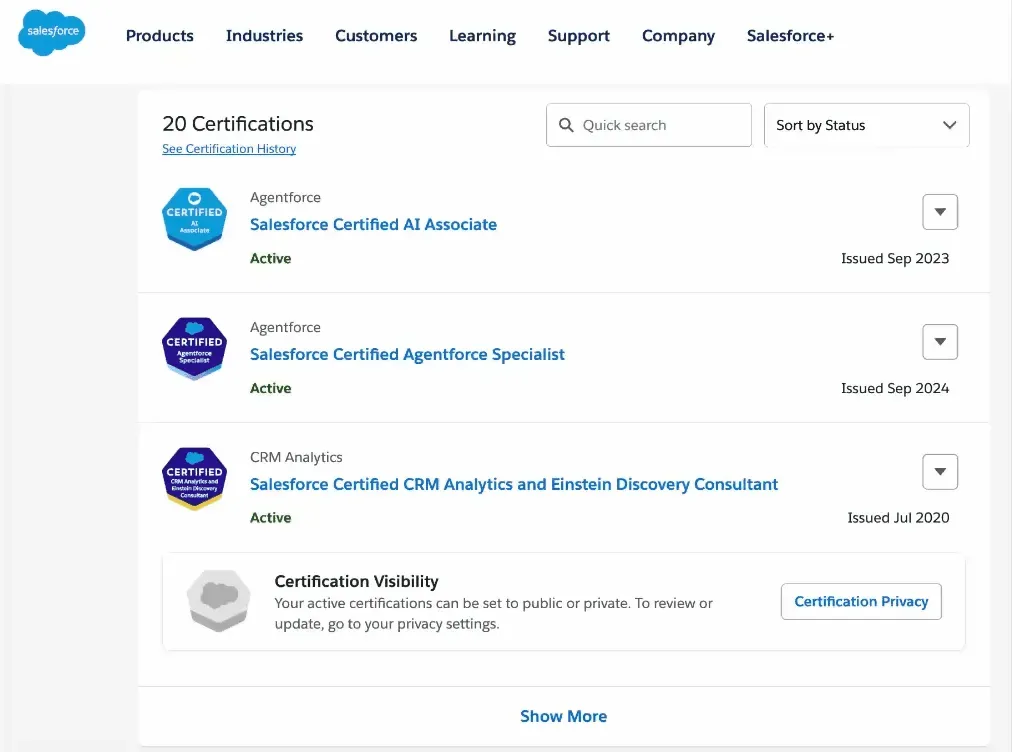 Trailblazer profile showing multiple Salesforce certifications and badges