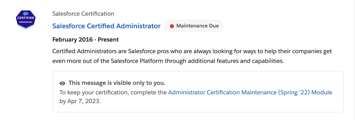 Salesforce certification maintenance due notification with deadline