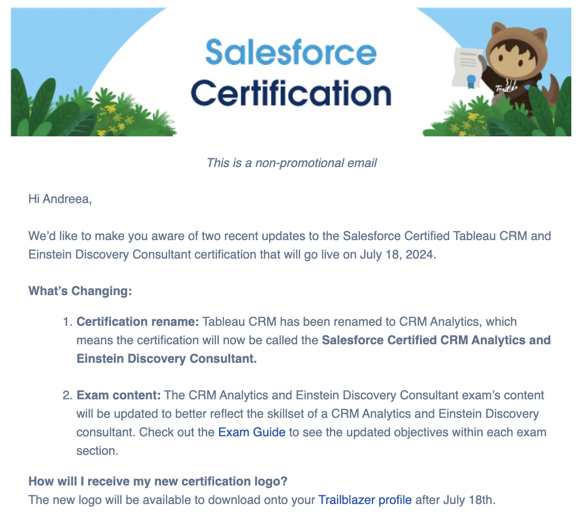 Salesforce certification update notification for credential holders