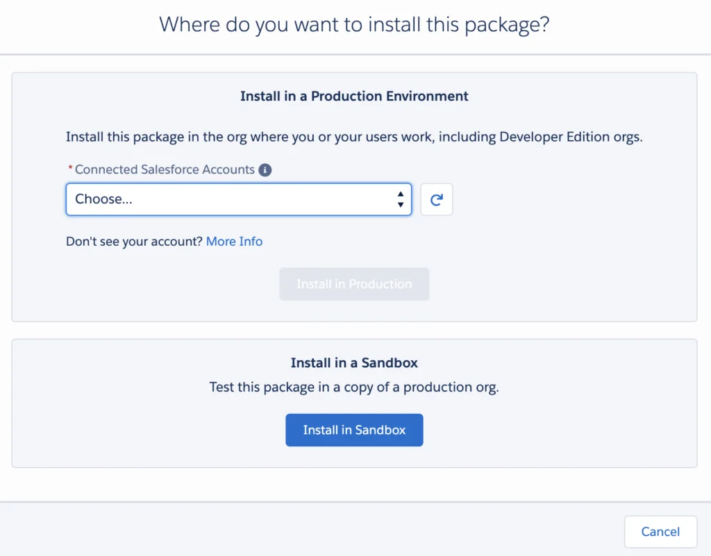 Salesforce account selection screen used during Code Builder setup