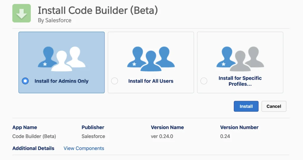 Salesforce Code Builder user access selection screen
