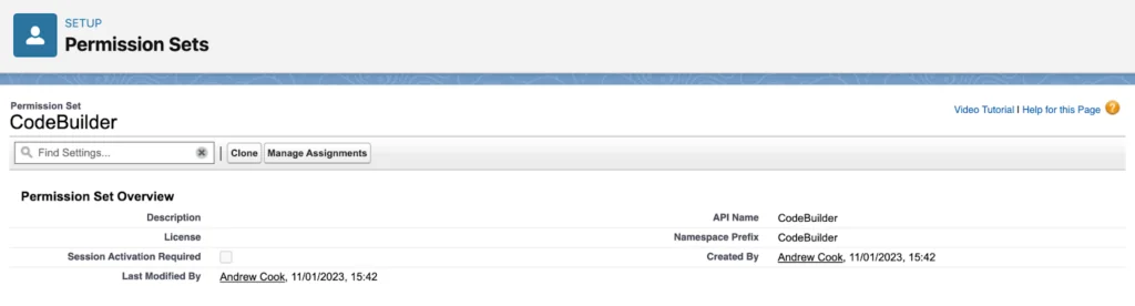 Code Builder Salesforce permission assignment interface