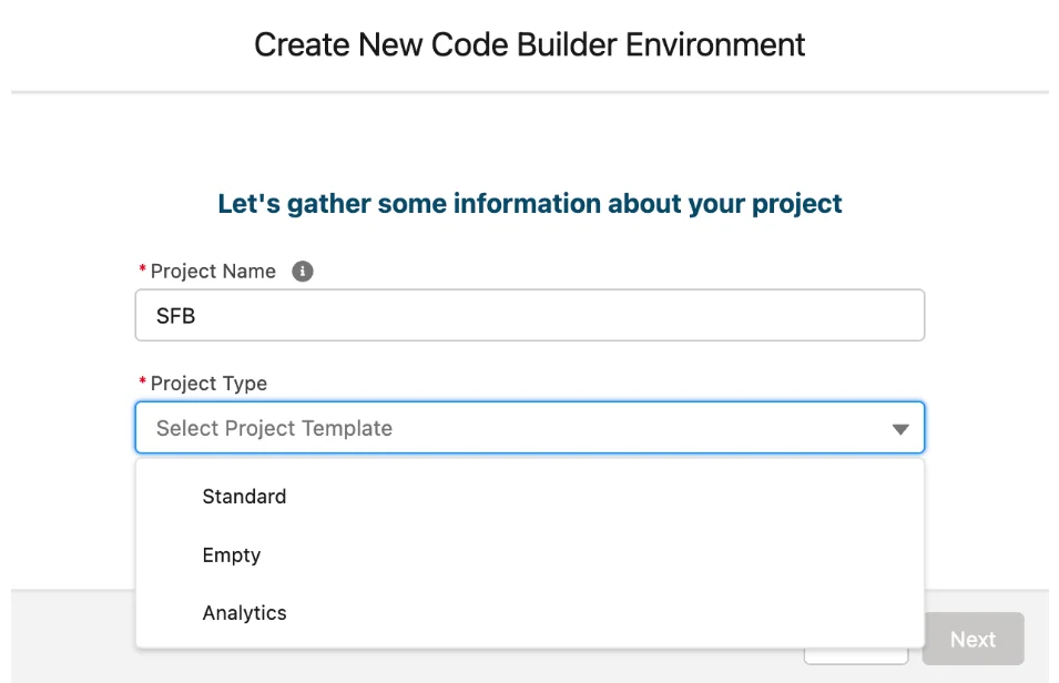 Codebuilder Salesforce DX project name and project type form