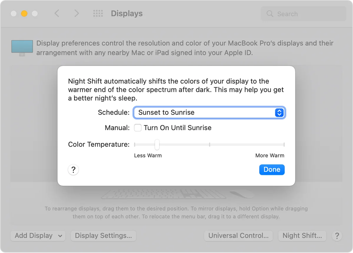 Apple Night Shift settings used alongside Salesforce dark mode