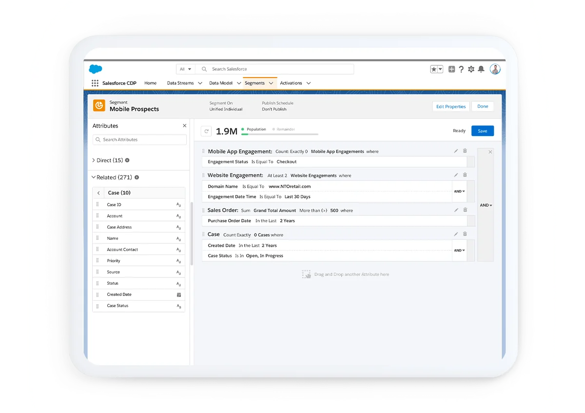 Segment builder example for a Salesforce Data Cloud customer data platform use case